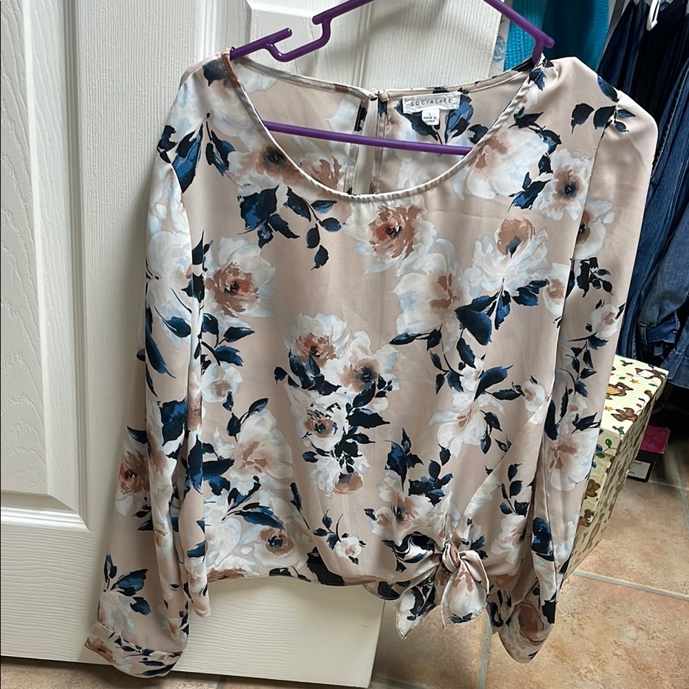 Socialite Cream Floral Blouse with Tie-Front